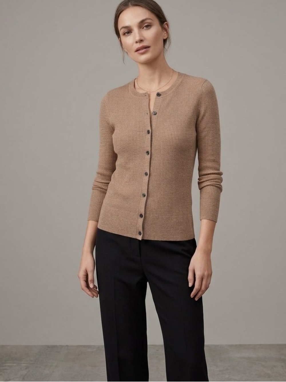 Banana Republic Tan Merino Wool Ribbed Knit Scoop Neck Cardigan Sweater XS
